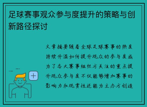 足球赛事观众参与度提升的策略与创新路径探讨
