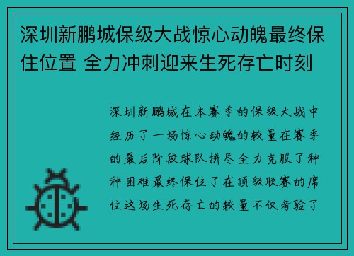 深圳新鹏城保级大战惊心动魄最终保住位置 全力冲刺迎来生死存亡时刻